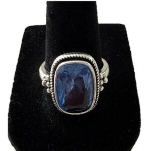 Silver Tone Ring with Blue Faceted Stone
